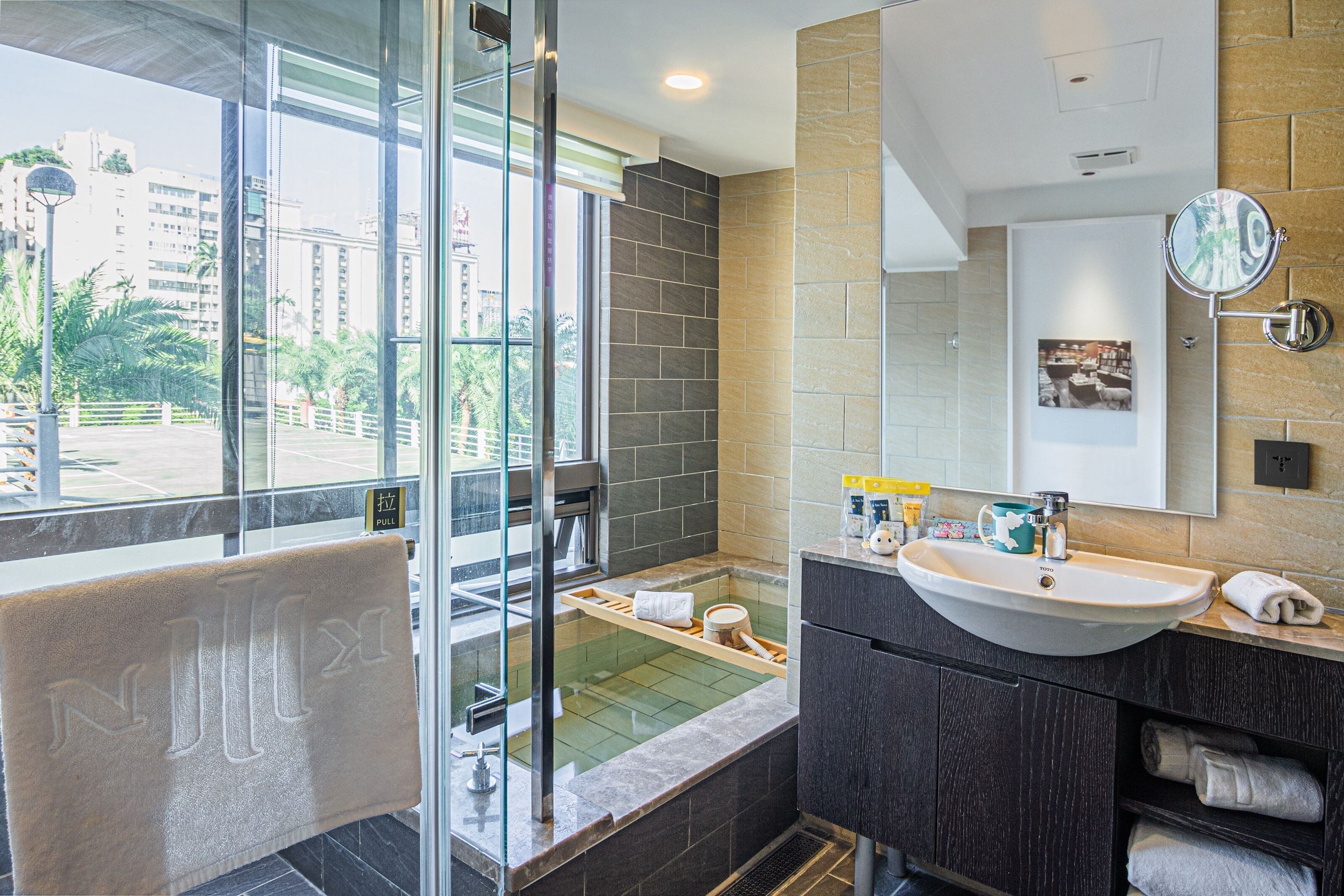 deluxe quadruple room | bathroom | separate bathtub and shower, spring water bathtub, rainfall showerhead