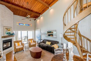 Smart TV, fireplace, DVD player, books