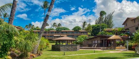 A hotel with a well-maintained lawn, palm trees, and a clear blue sky.