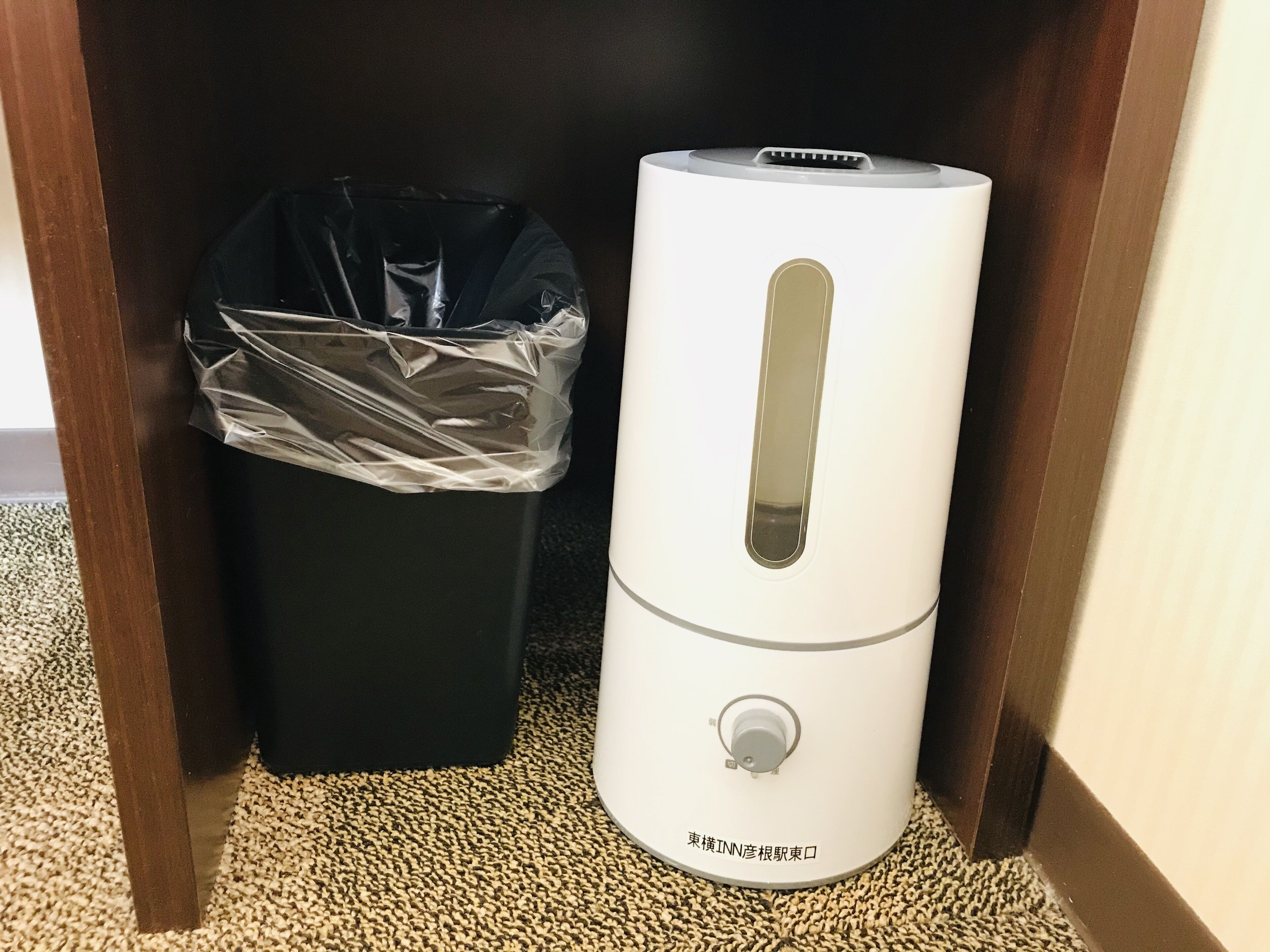 A white trash bin and a black trash bag under a wooden door.