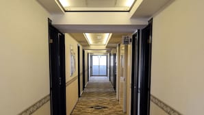 A hotel hallway with carpeted floors, doors on both sides, and a ceiling light fixture. - Toyoko Inn Hikone Station Higashi (Hikone)