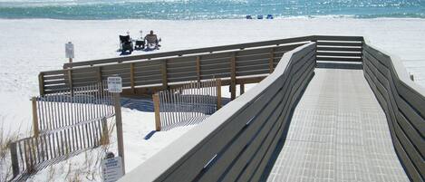 On the beach, sun loungers