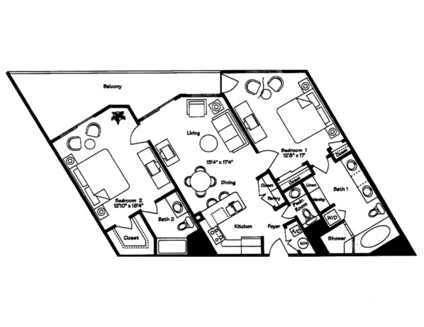 A floor plan of a hotel with two bedrooms, a dining area, a living room, a kitchen, a bathroom, and a foyer.