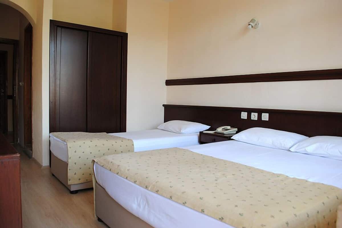 A hotel room with two single beds, a wardrobe, a bedside table with a phone, and a wall-mounted light.