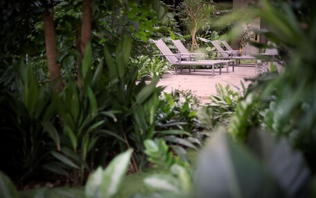 A garden area with lounge chairs and tables, surrounded by dense foliage.