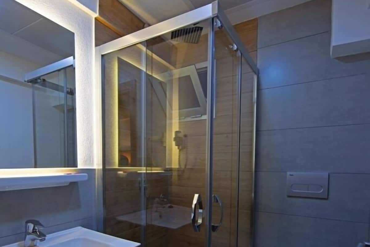 Shower, free toiletries, hair dryer