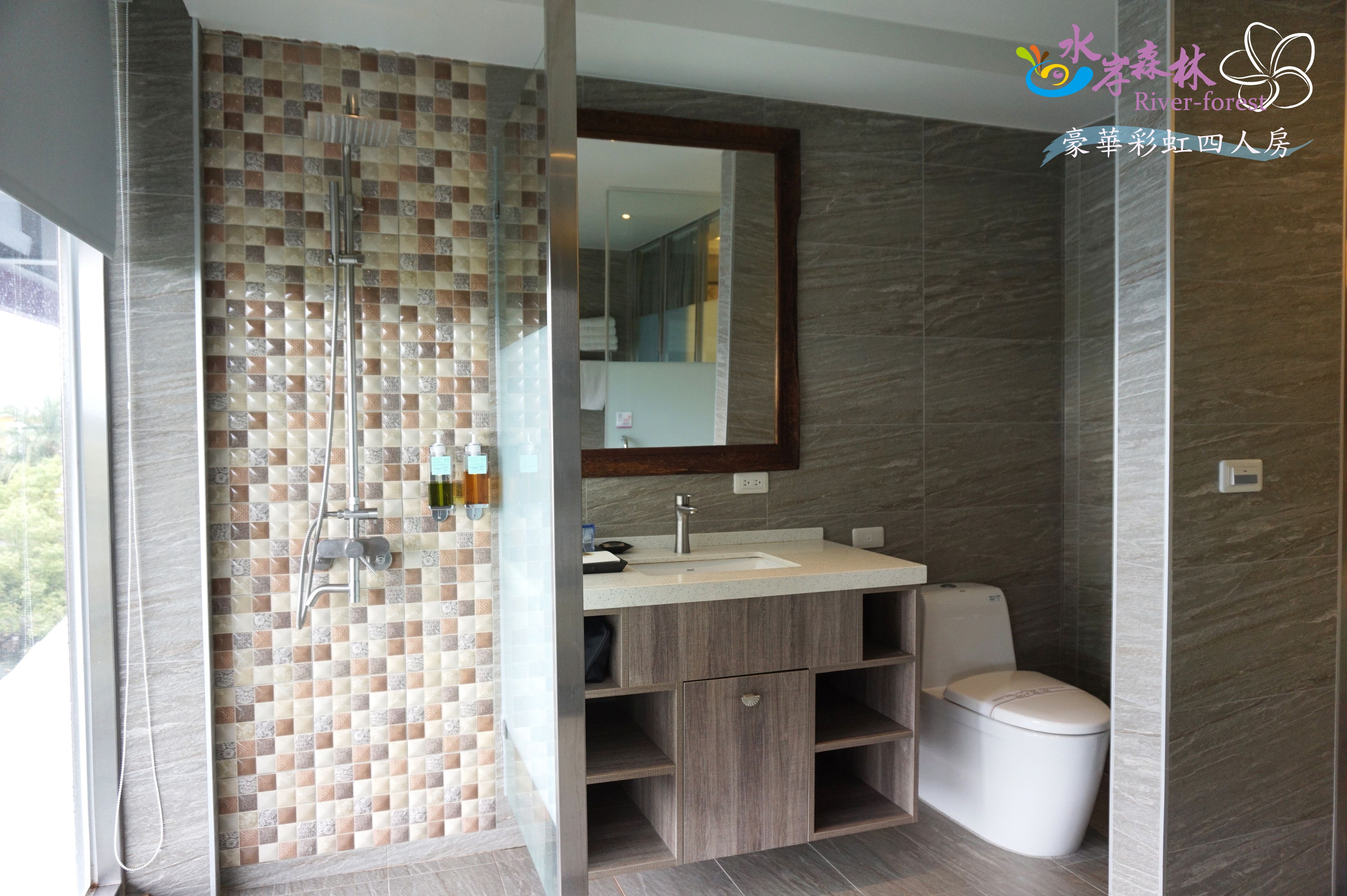 Une salle de bain moderne avec un mur de douche carrelé, un lavabo avec un miroir au-dessus et des toilettes.