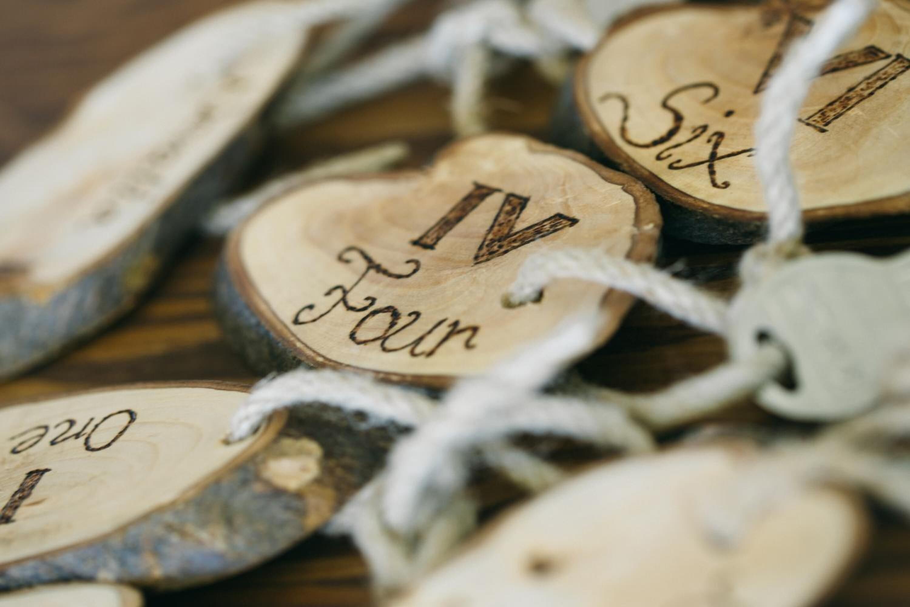 Wooden tags with numbers and words, likely for a game or activity.