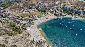 An aerial view of a coastal town with residential buildings, a beach, and boats in the water.