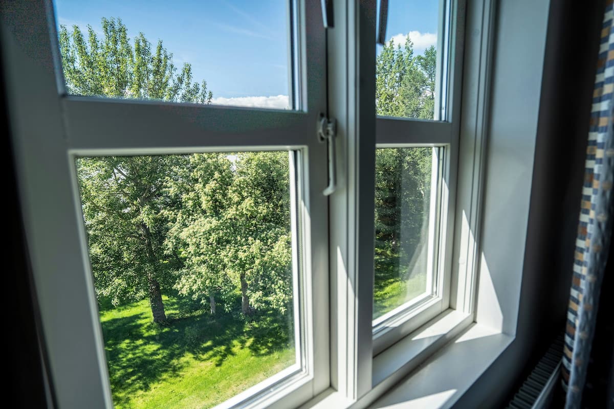 A window with a view of a green landscape and trees.