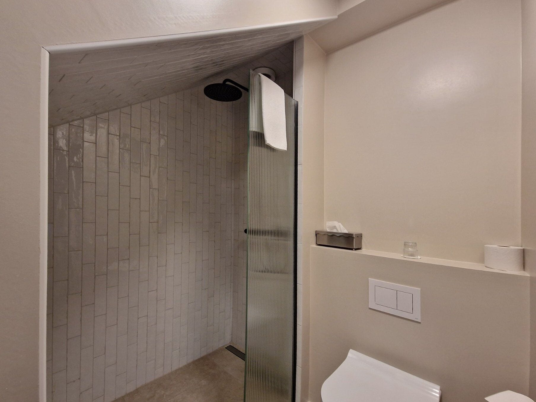 A modern bathroom with a glass shower enclosure, a white toilet, and a small shelf with toiletries.
