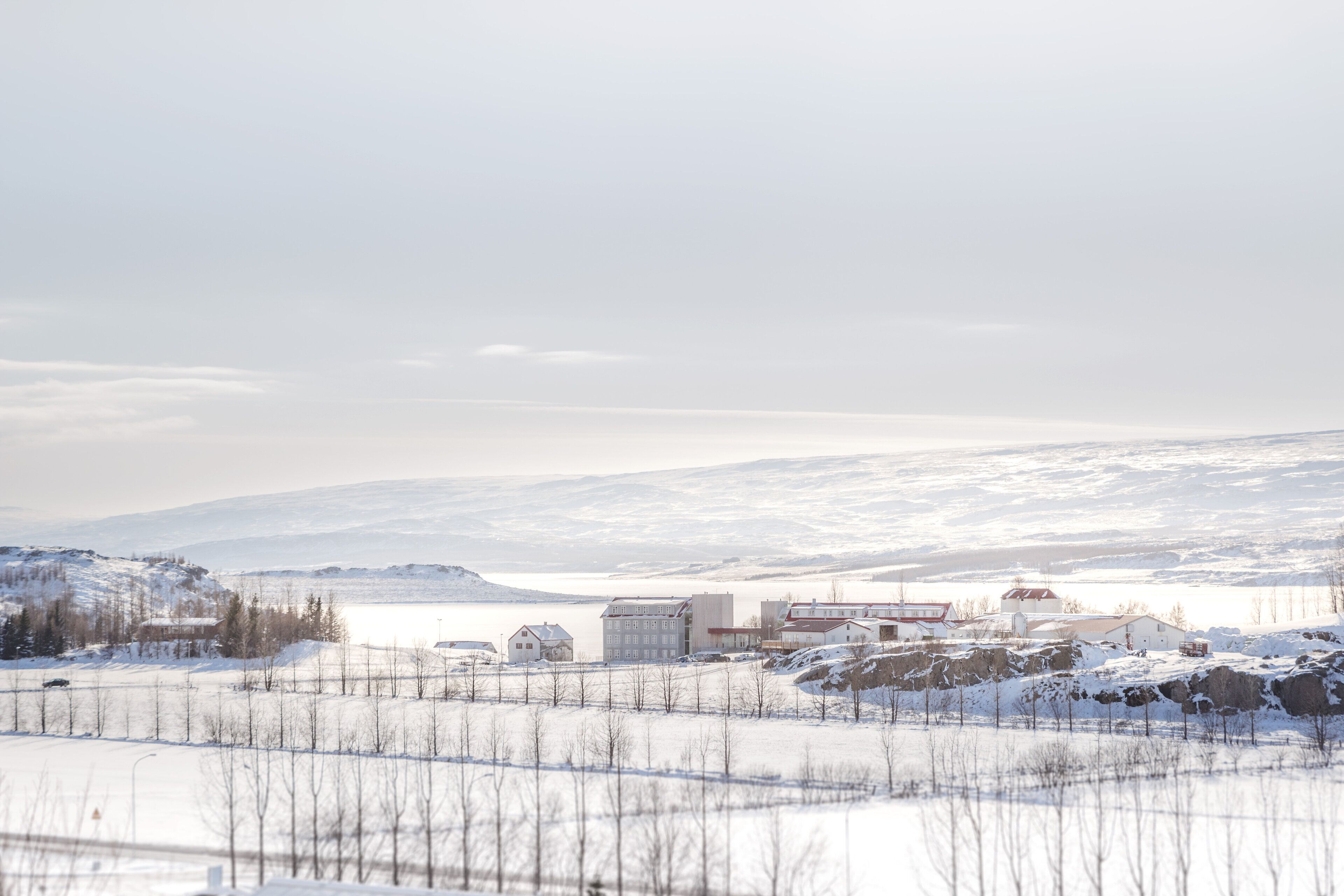 A snow-covered landscape with buildings and a body of water in the background.
