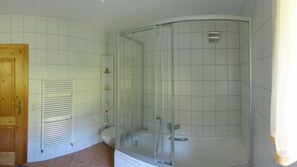 Combined shower/tub, hair dryer, bidet, towels