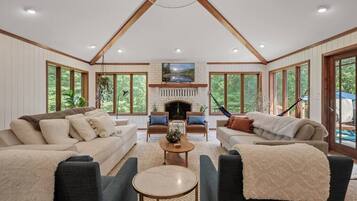 Televisión, chimenea, libros y estéreo