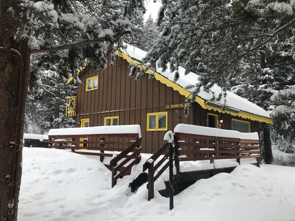 Eine Holzhütte mit gelbem Dach, umgeben von schneebedeckten Bäumen.