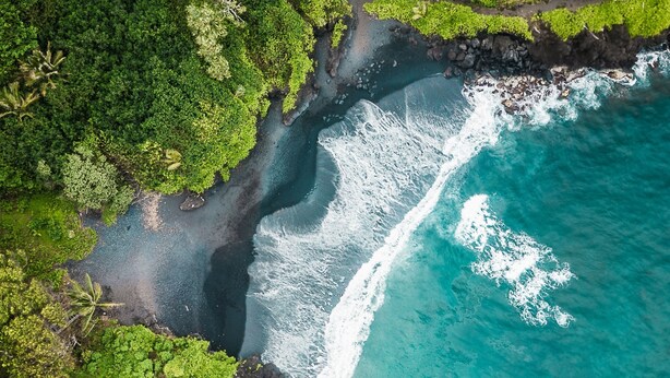 Une vue aérienne d’une zone côtière, avec un chemin dégagé menant à une plage, le tout bordé d’une végétation luxuriante et d’une côte rocheuse.