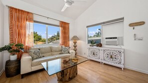 Smart-TV, peis, DVD-spiller og bøker