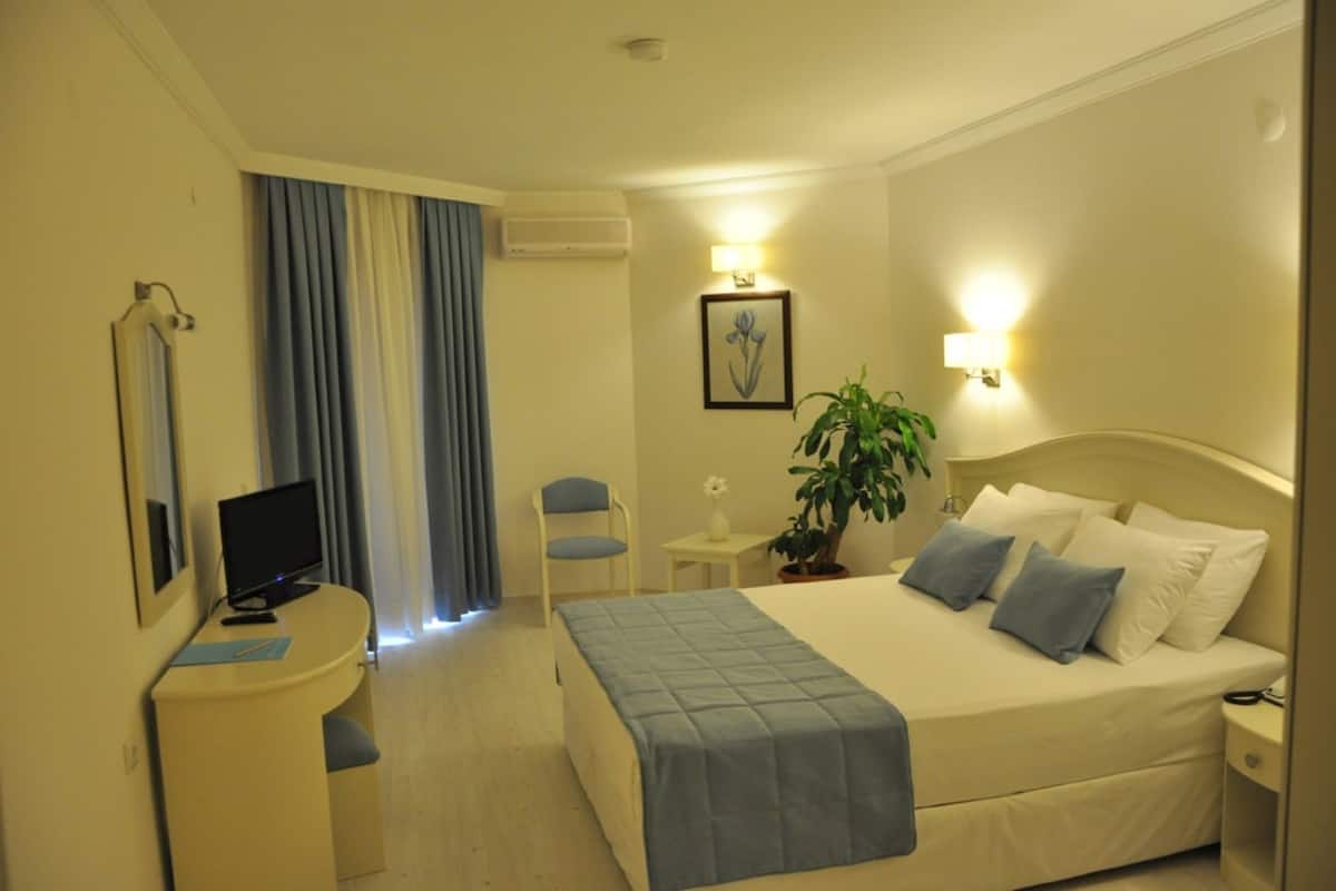 A hotel room with a bed, bedside table, chair, desk with a computer, and a potted plant.