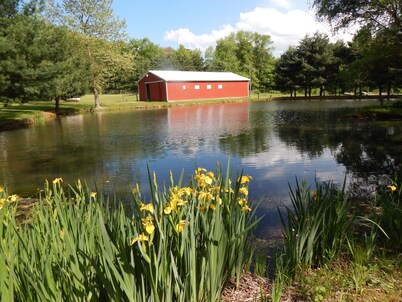 Restored Historical Farmhouse With Pond And Farm Animals At Mohican State Park