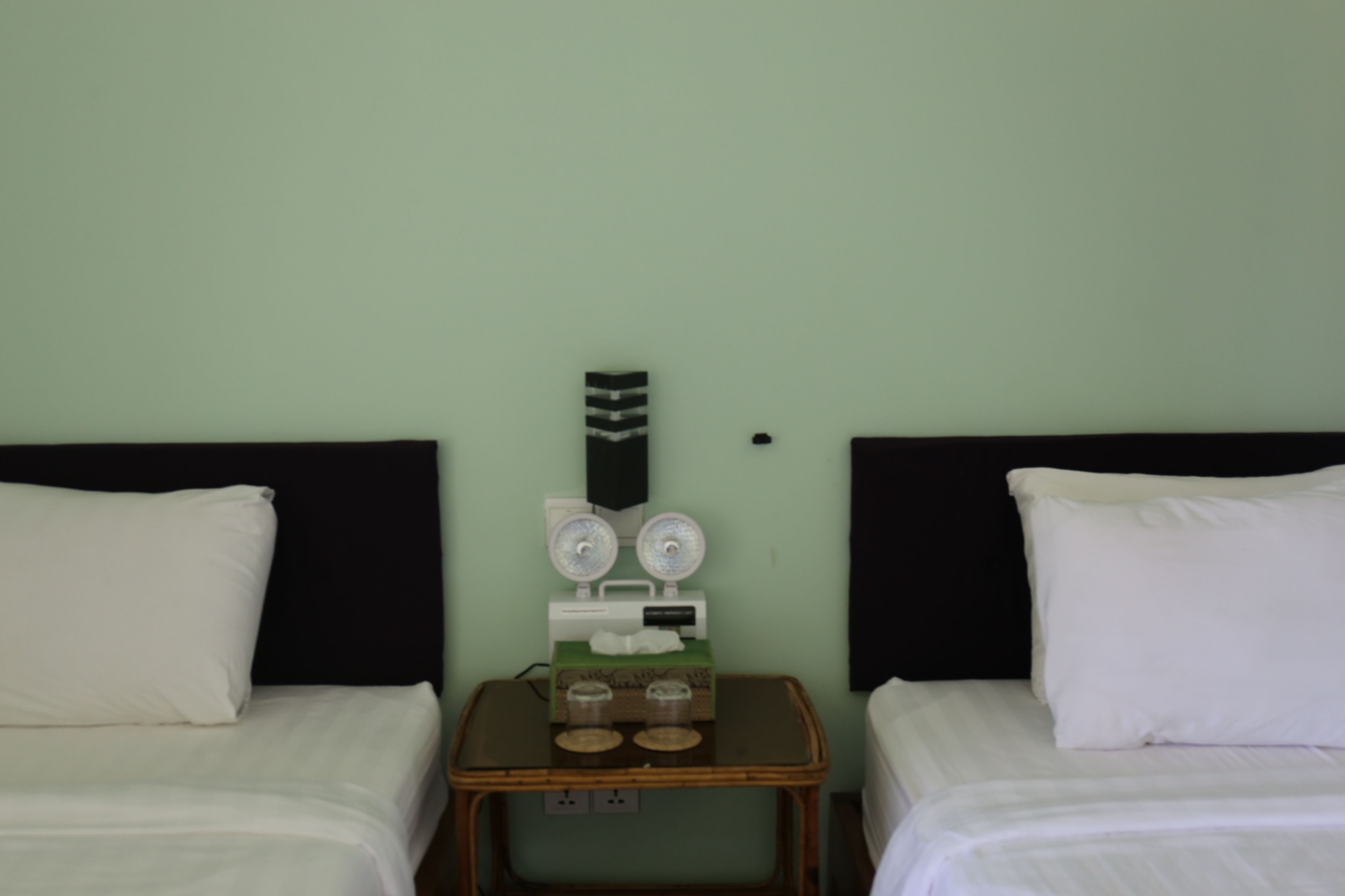 A room with two beds, a small table with a green object on it, and a wall-mounted device.