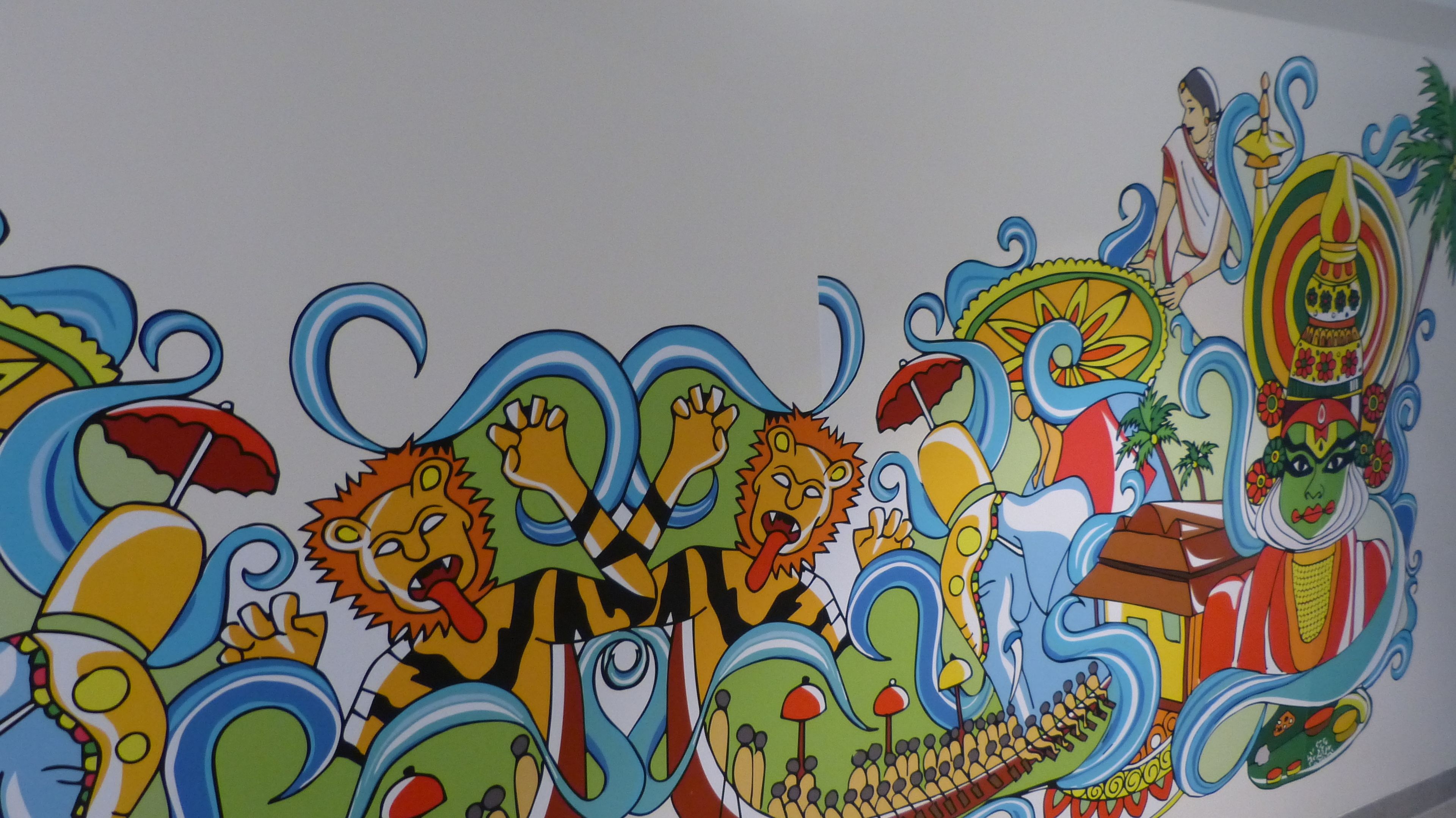 Een kleurrijke muurschildering met verschillende abstracte figuren en patronen.