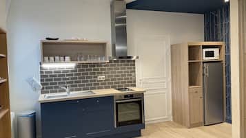 City apartman, fürdőszobával, kilátással a kertre | Privát konyha | Hűtőszekrény, kávé-/teafőző, elektromos vízforraló és tisztítószerek