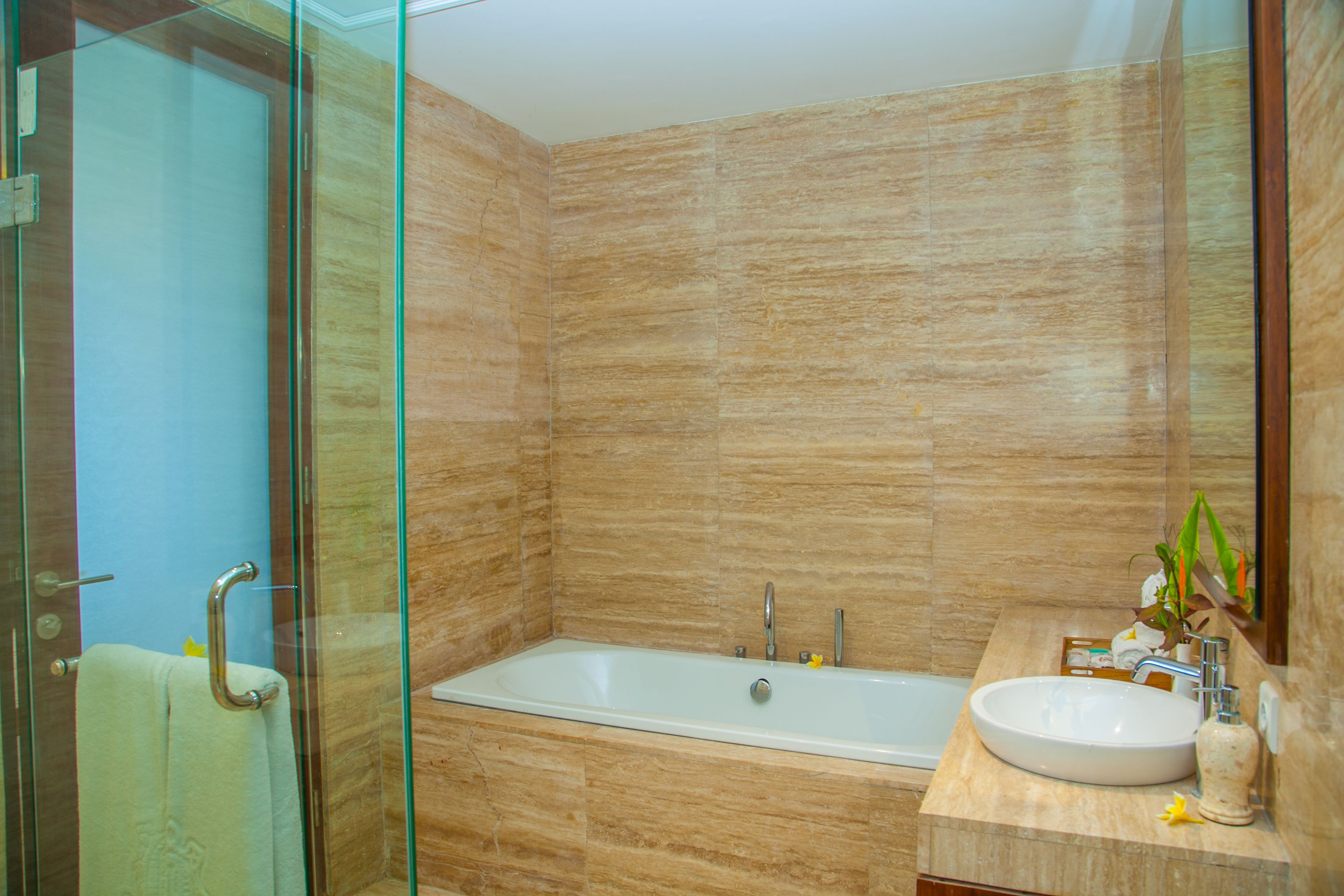 ocean view suite | bathroom | shower, rainfall showerhead, free toiletries, hair dryer