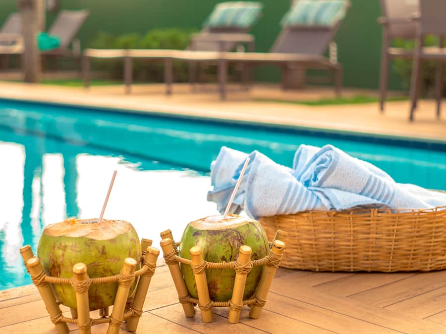 Outdoor pool, pool umbrellas, pool loungers