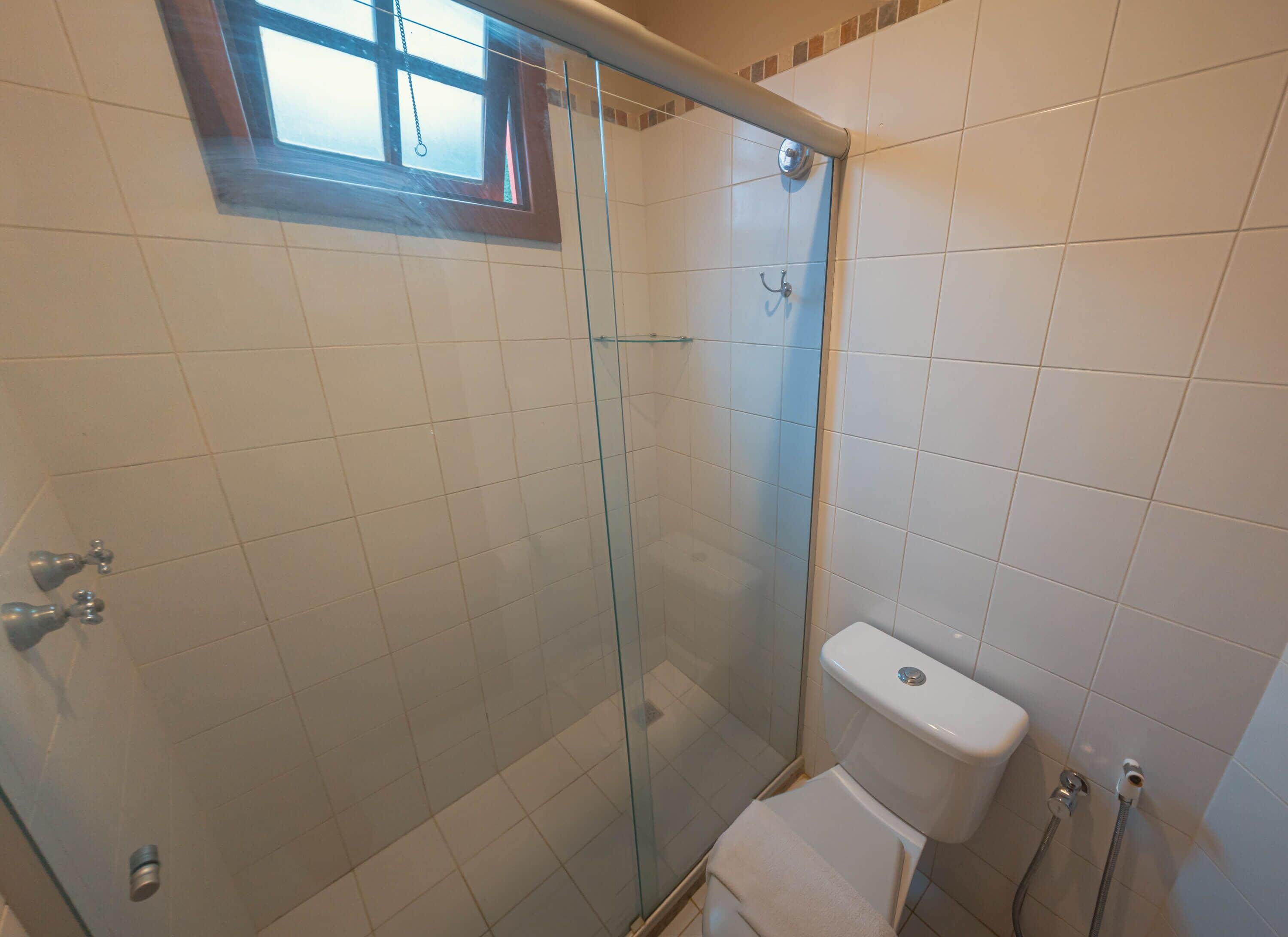Une petite cabine de douche fermée en verre, avec des toilettes et une fenêtre située au-dessus.