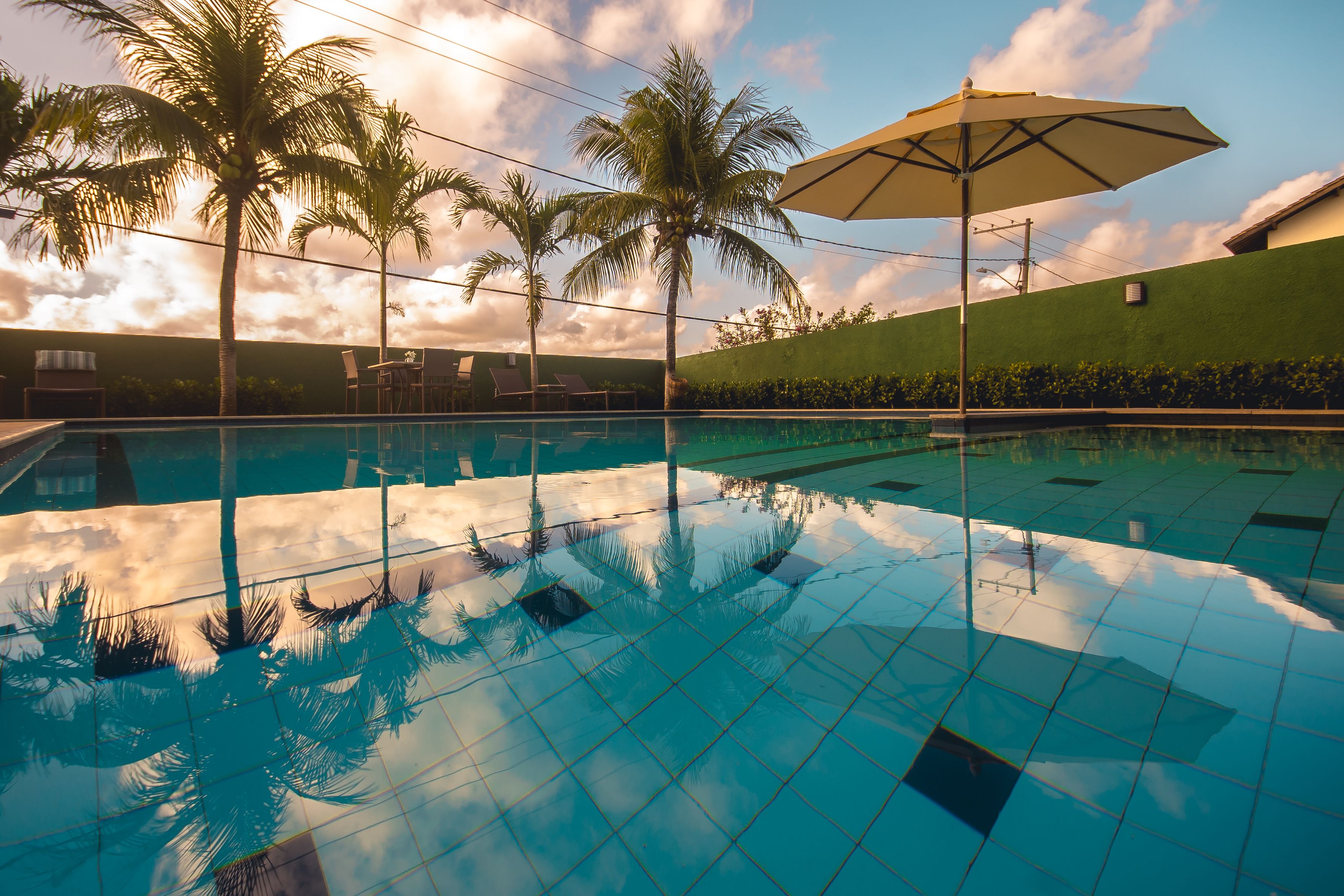 Outdoor pool, pool umbrellas, pool loungers