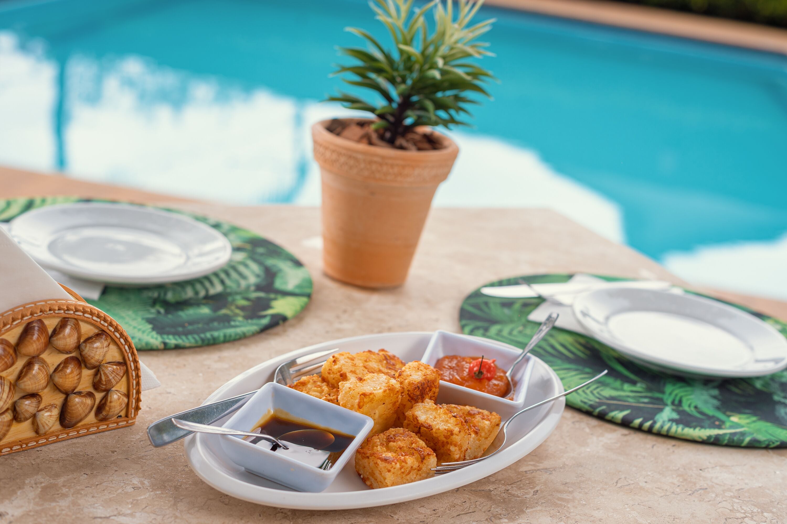 A table with a plate of fried food, a small plant, and a basket of nuts.