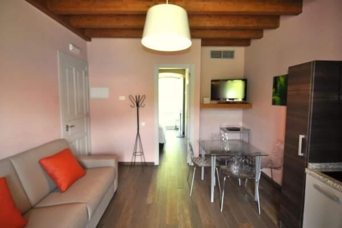 Un salon comprenant un canapé, une table à manger, un téléviseur et un réfrigérateur.