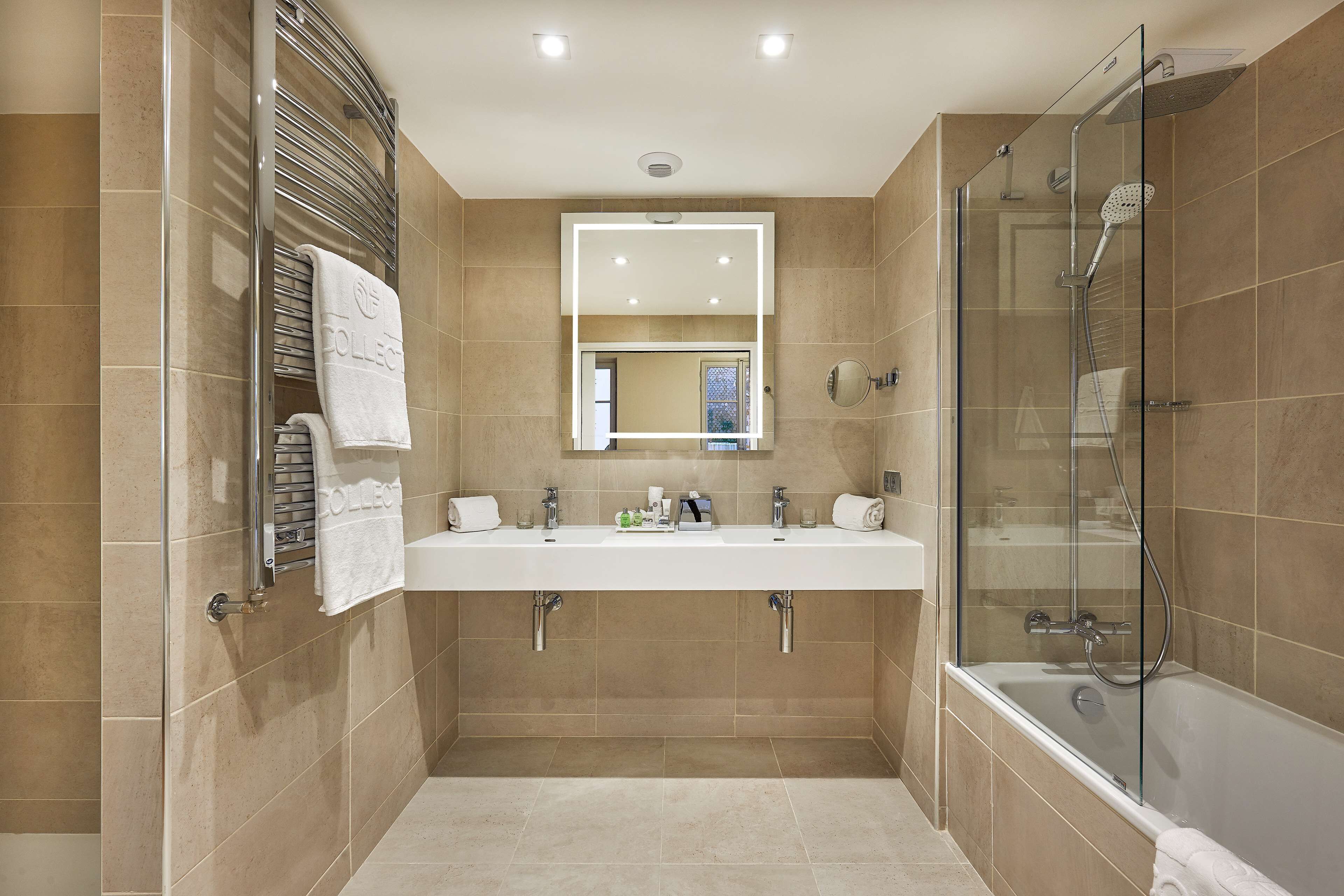 eco-friendly toiletries, hair dryer, towels