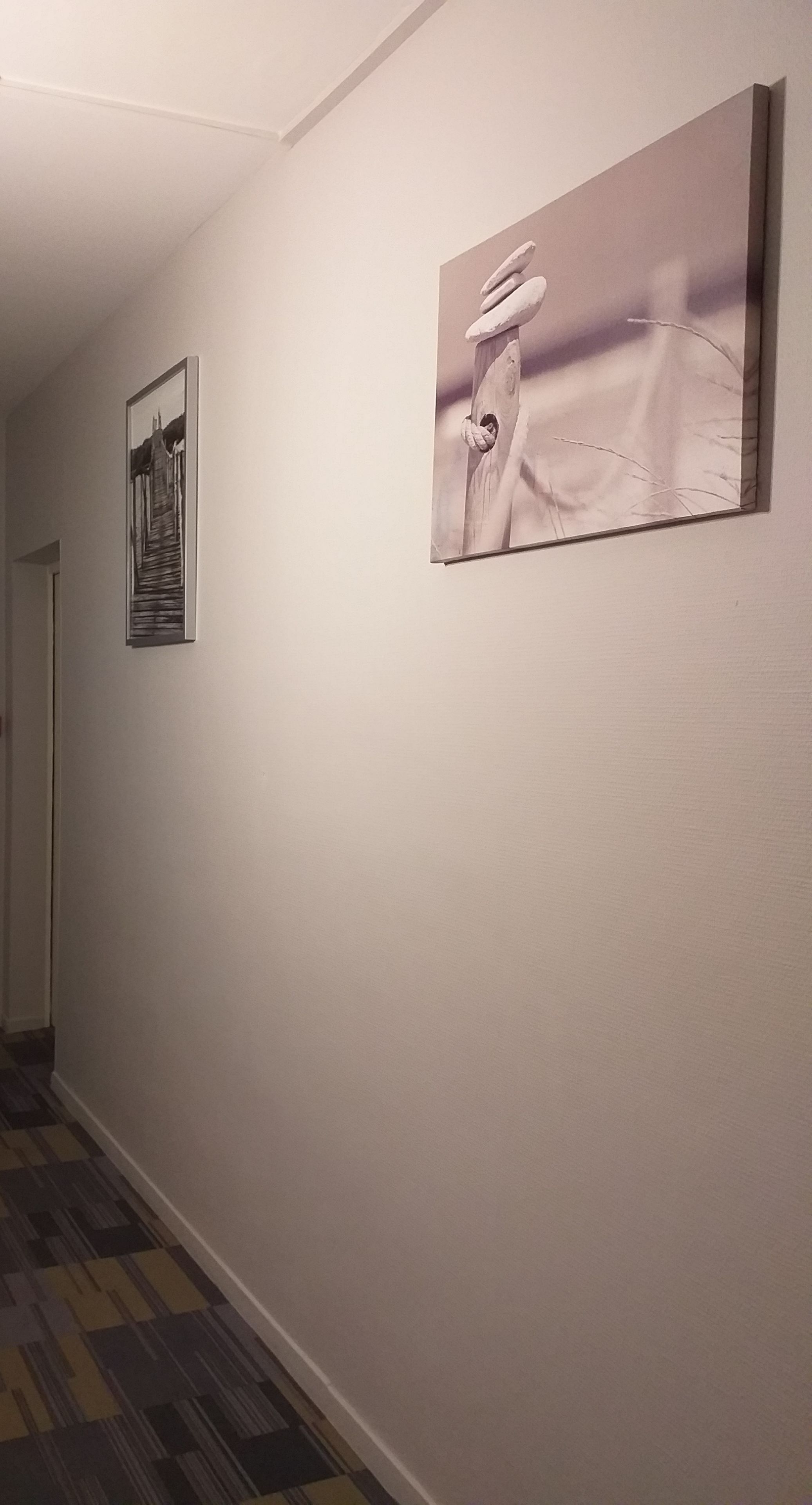 A hallway with two framed artworks on the wall, a patterned carpet, and a door at the end.