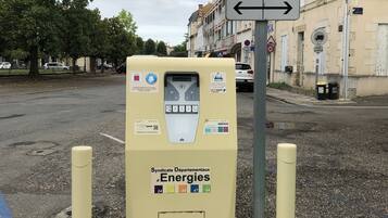 A parking meter with a sign above it indicating no parking.