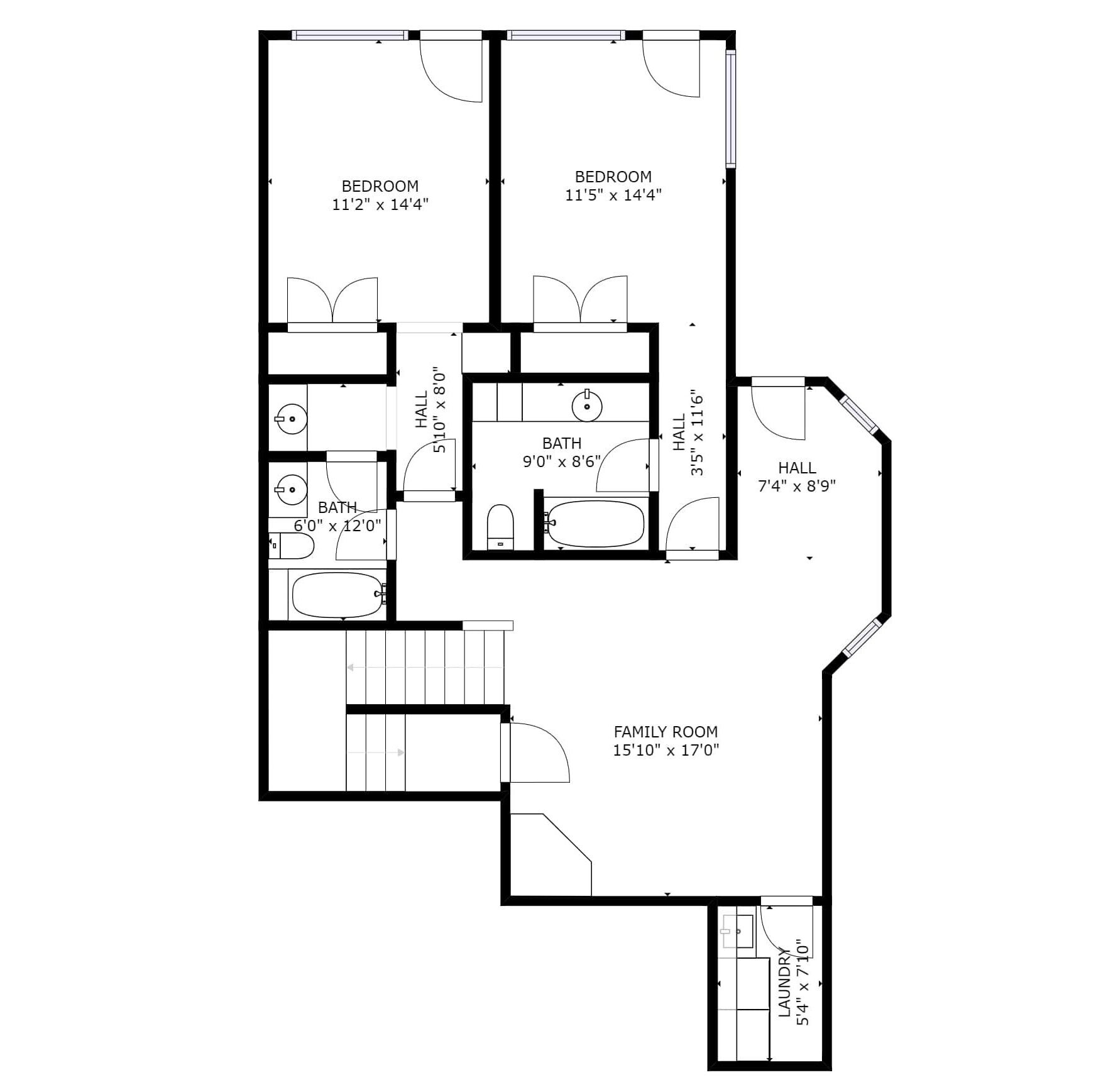 Ein Grundriss einer Wohnung mit zwei Schlafzimmern, einem Wohnzimmer, zwei Bädern, einer Diele und einem Waschraum.