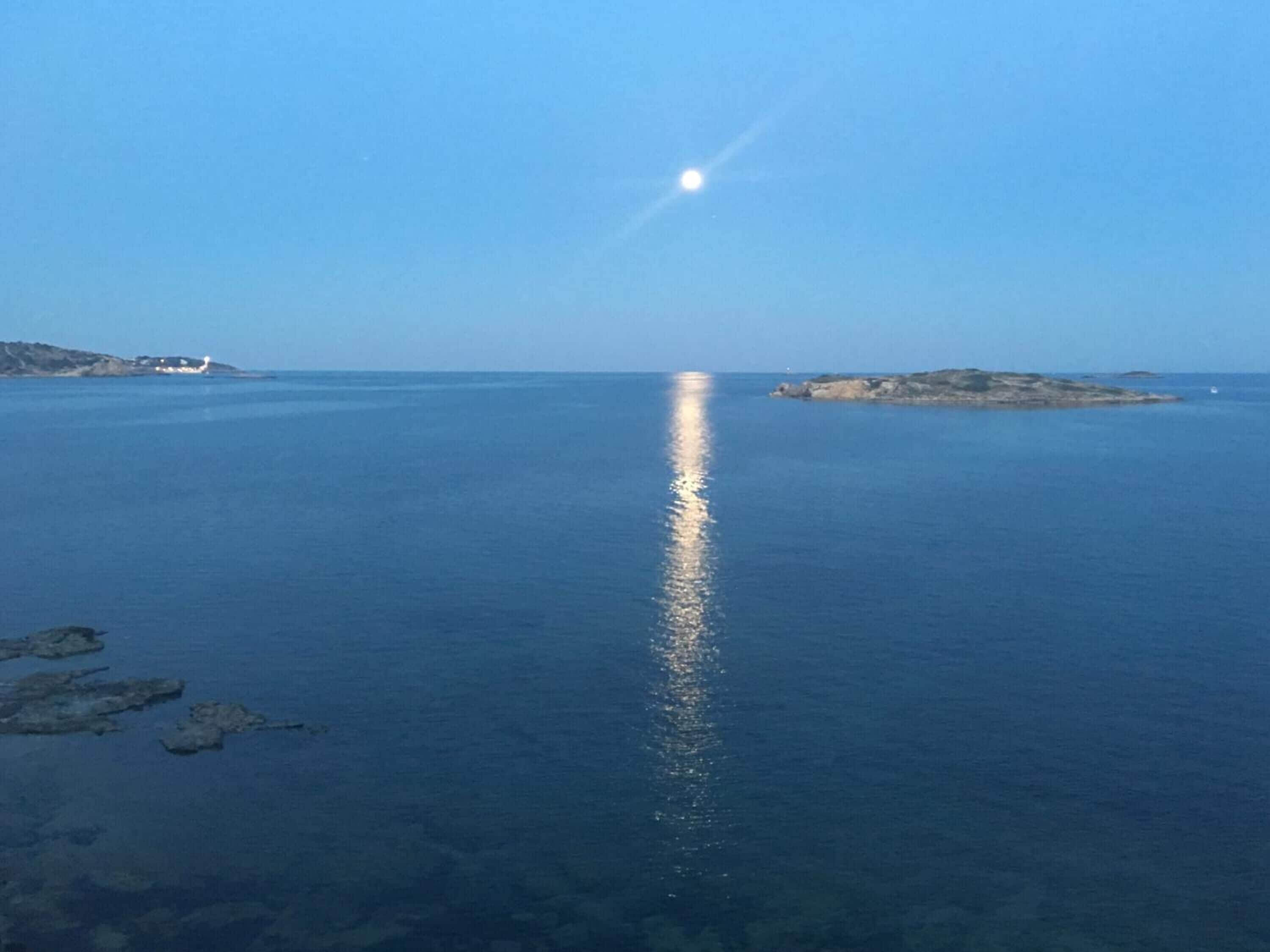 A calm sea with a clear reflection of the moon.