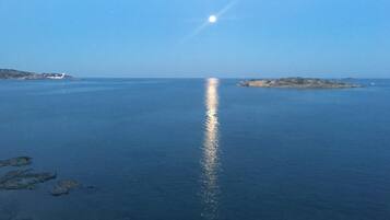 Un mar tranquilo con el reflejo nítido de la luna.