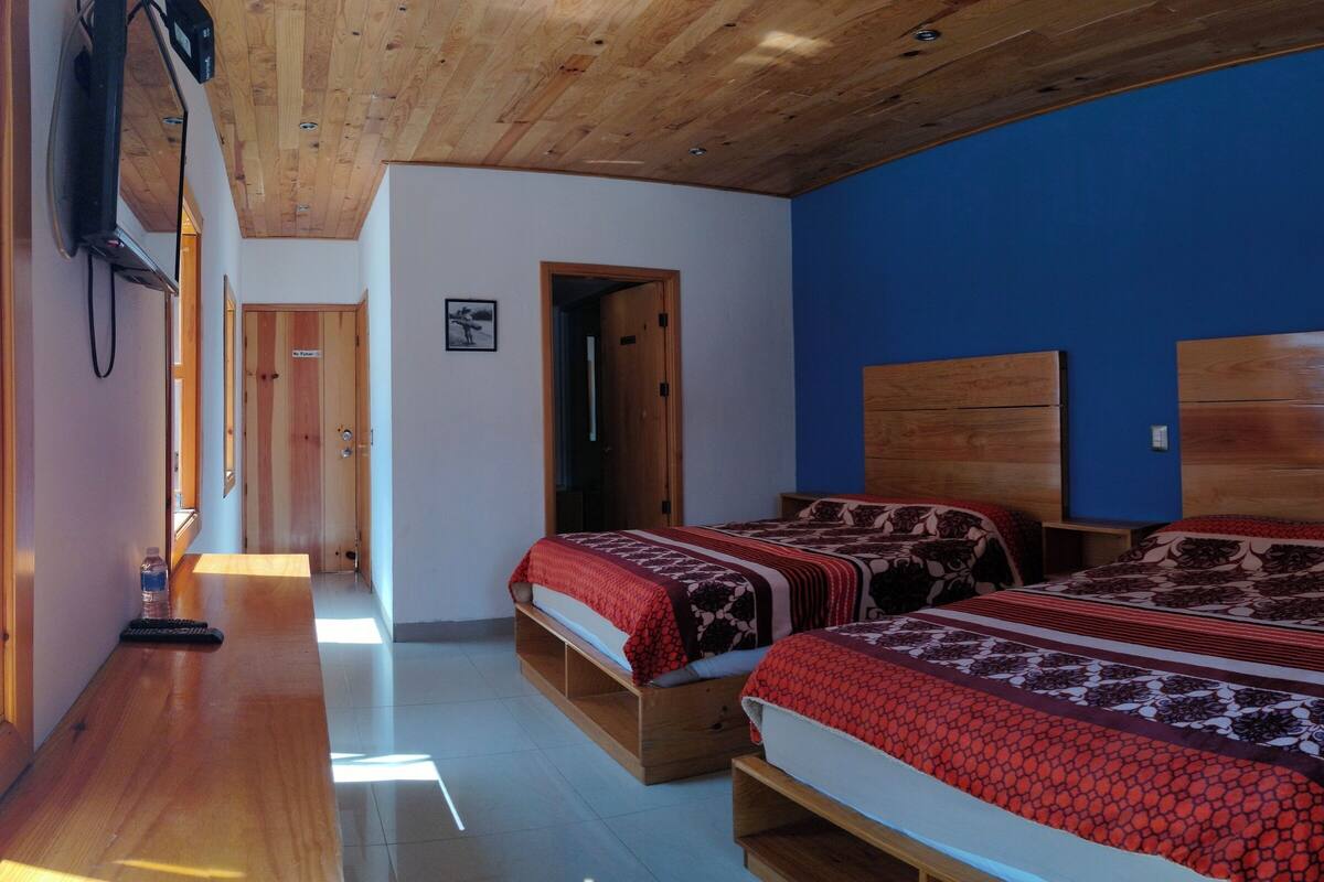 Un dormitorio con dos camas, cabeceros de madera, una pared azul decorativa y techo de madera.