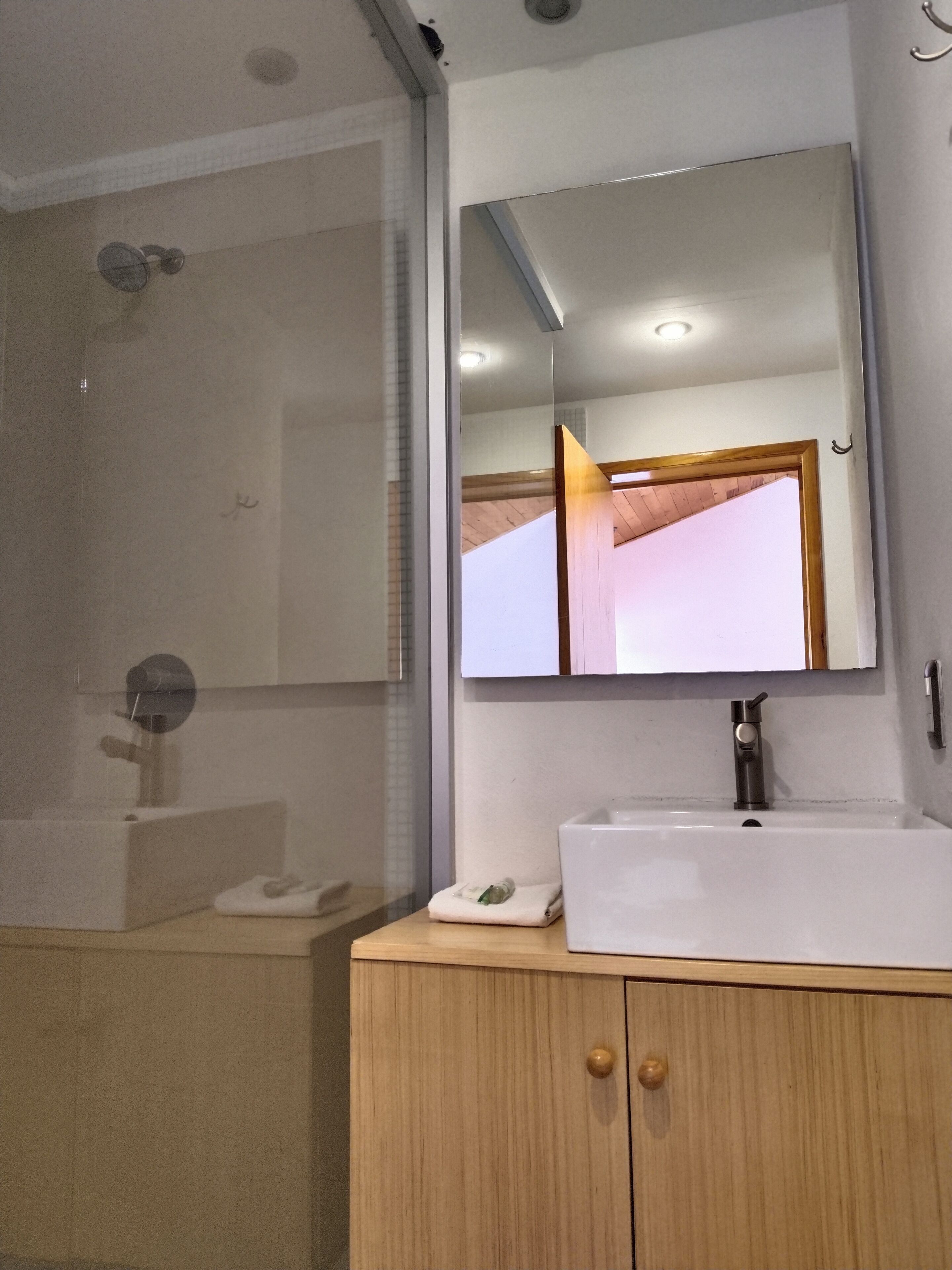 A modern bathroom with a shower, a sink, and a mirror.