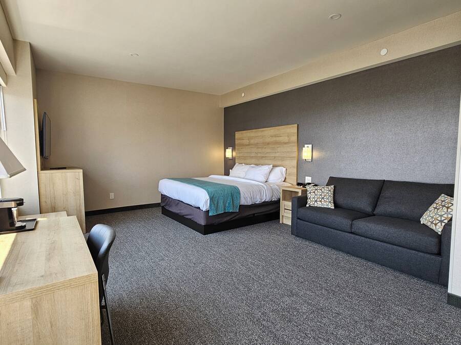 A hotel room with a bed, a desk, a sofa, and a TV.