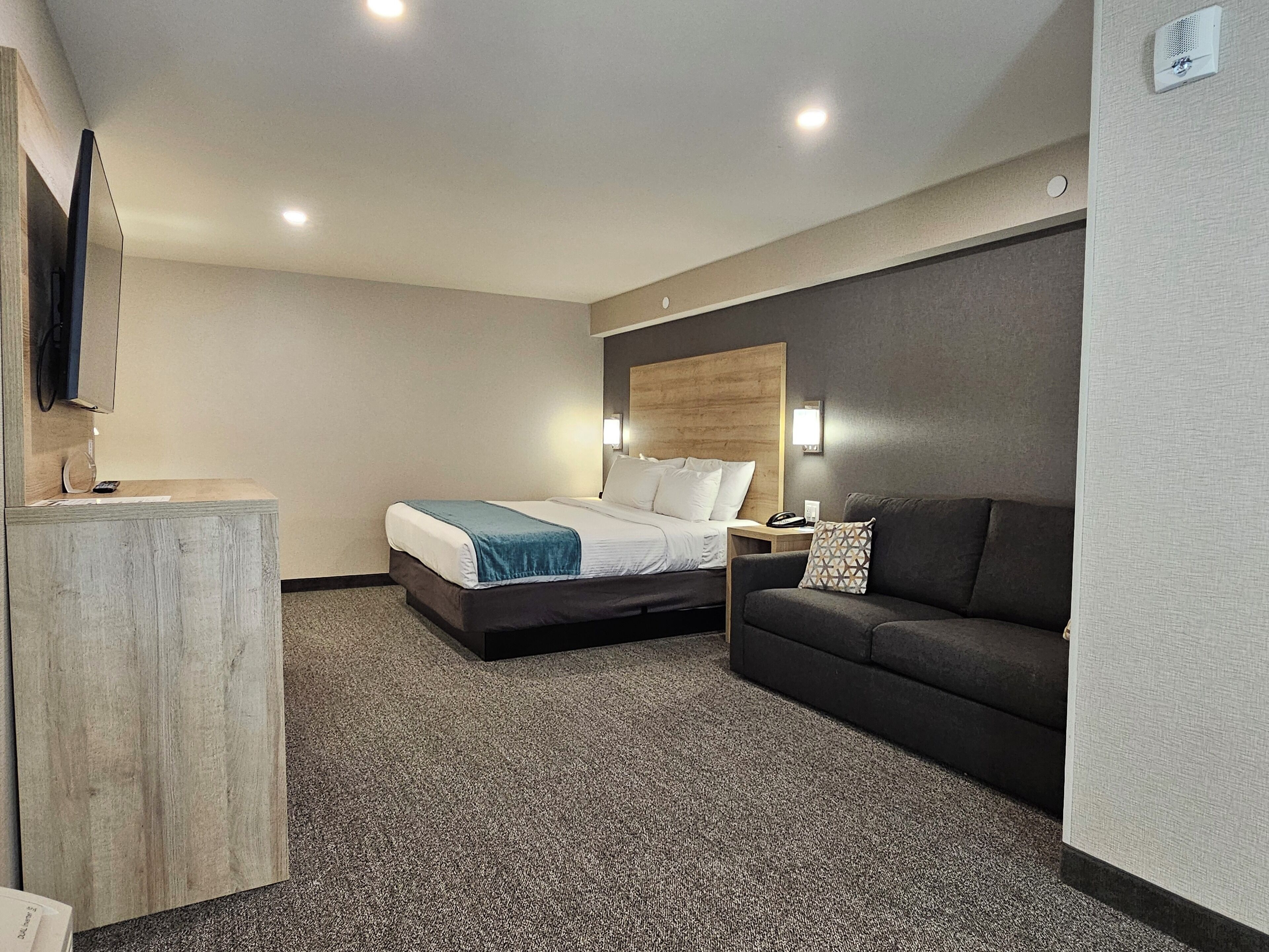 A hotel room with a bed, a sofa, a desk, and a wall-mounted TV.