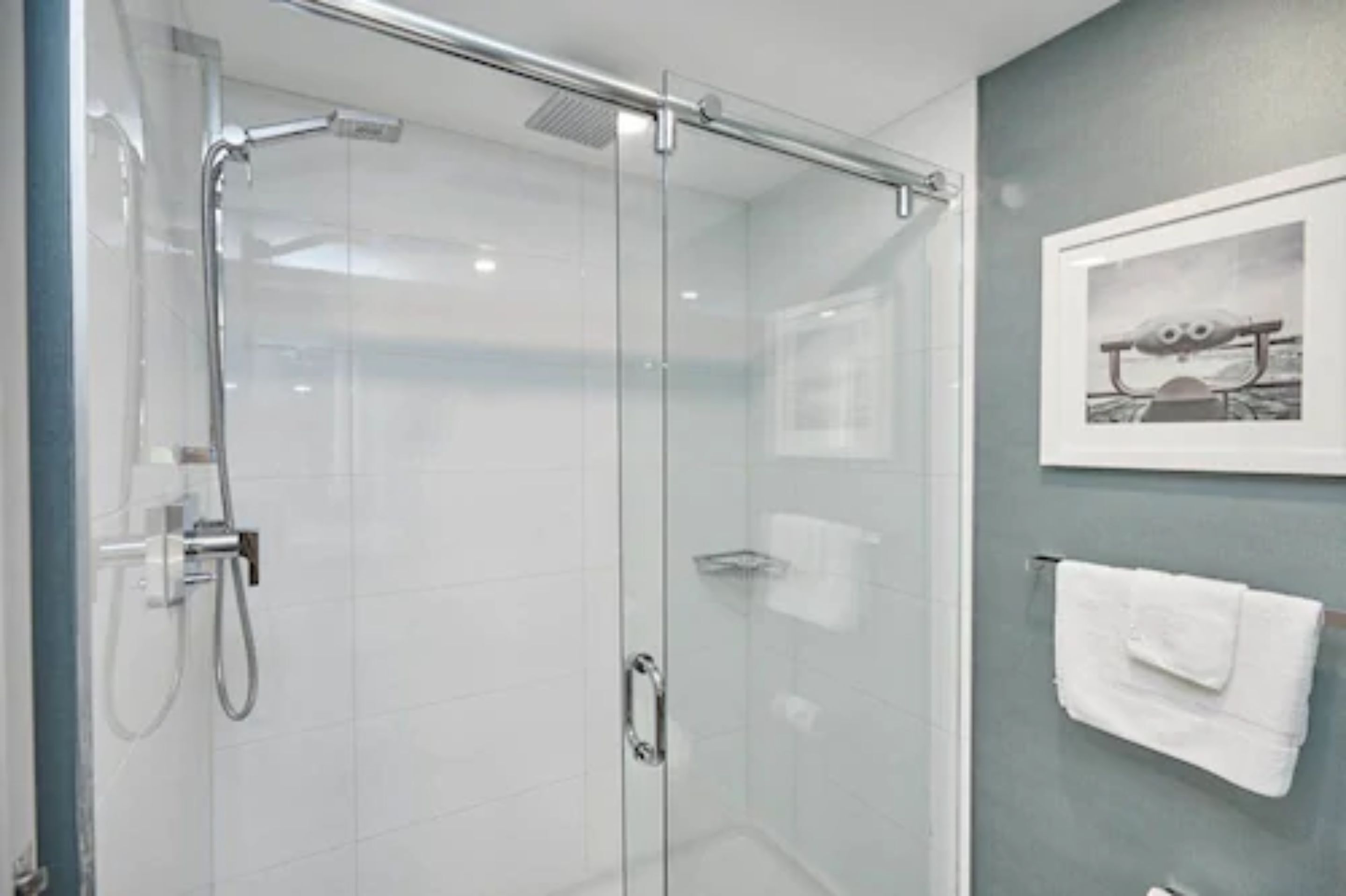 A modern bathroom with a glass shower enclosure, a white towel rack, and a framed picture on the wall.