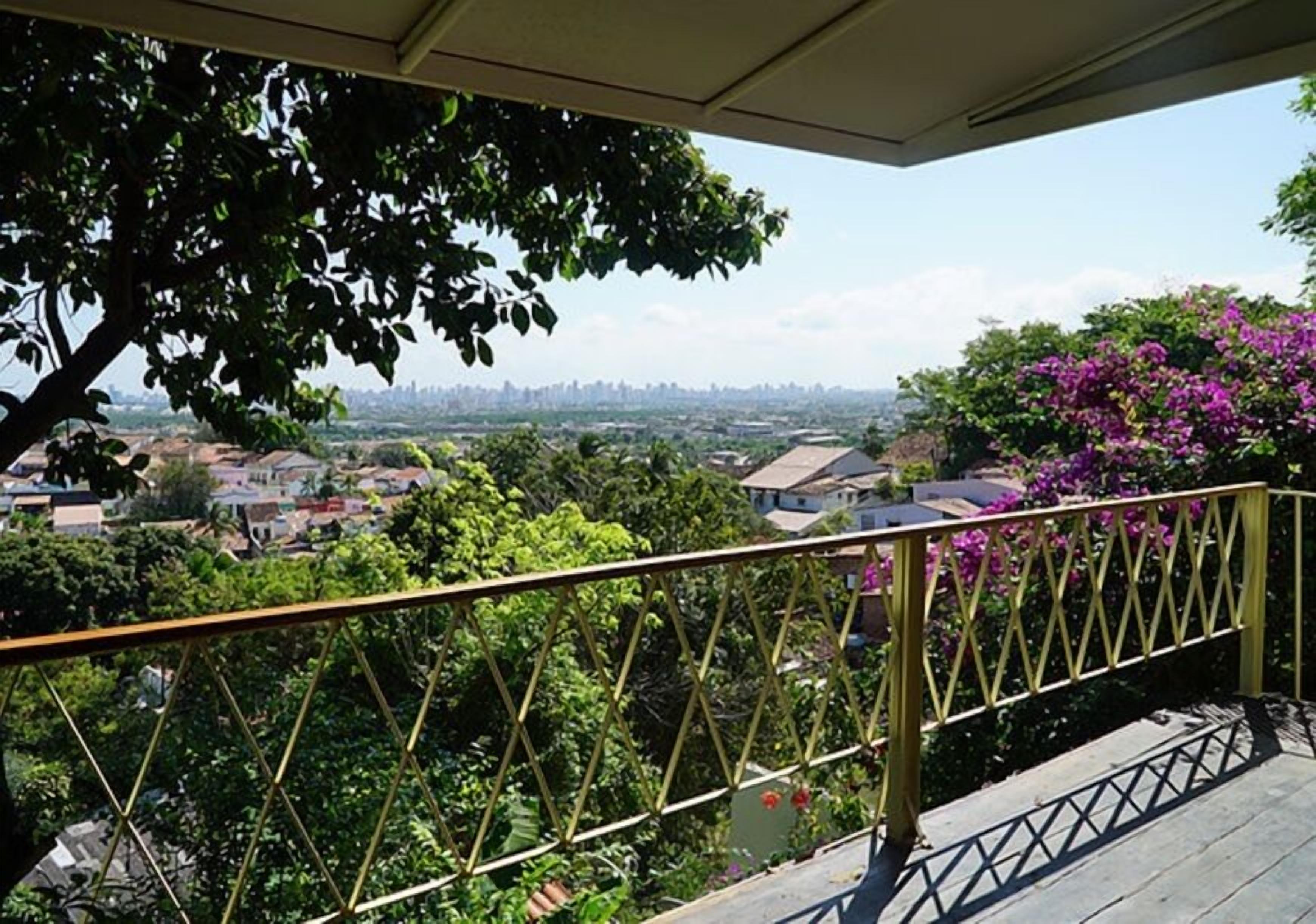 Un balcon offrant une vue sur le paysage urbain, la verdure et des fleurs violettes.