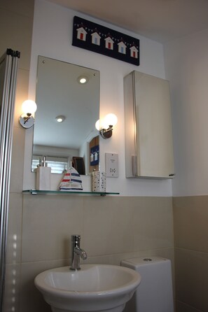 Combined shower/tub, free toiletries, hair dryer, towels