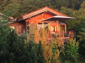 A wooden cabin with a balcony, surrounded by dense greenery. - Savoyard chalet overlooking Lac LÉMAN (Armoy)
