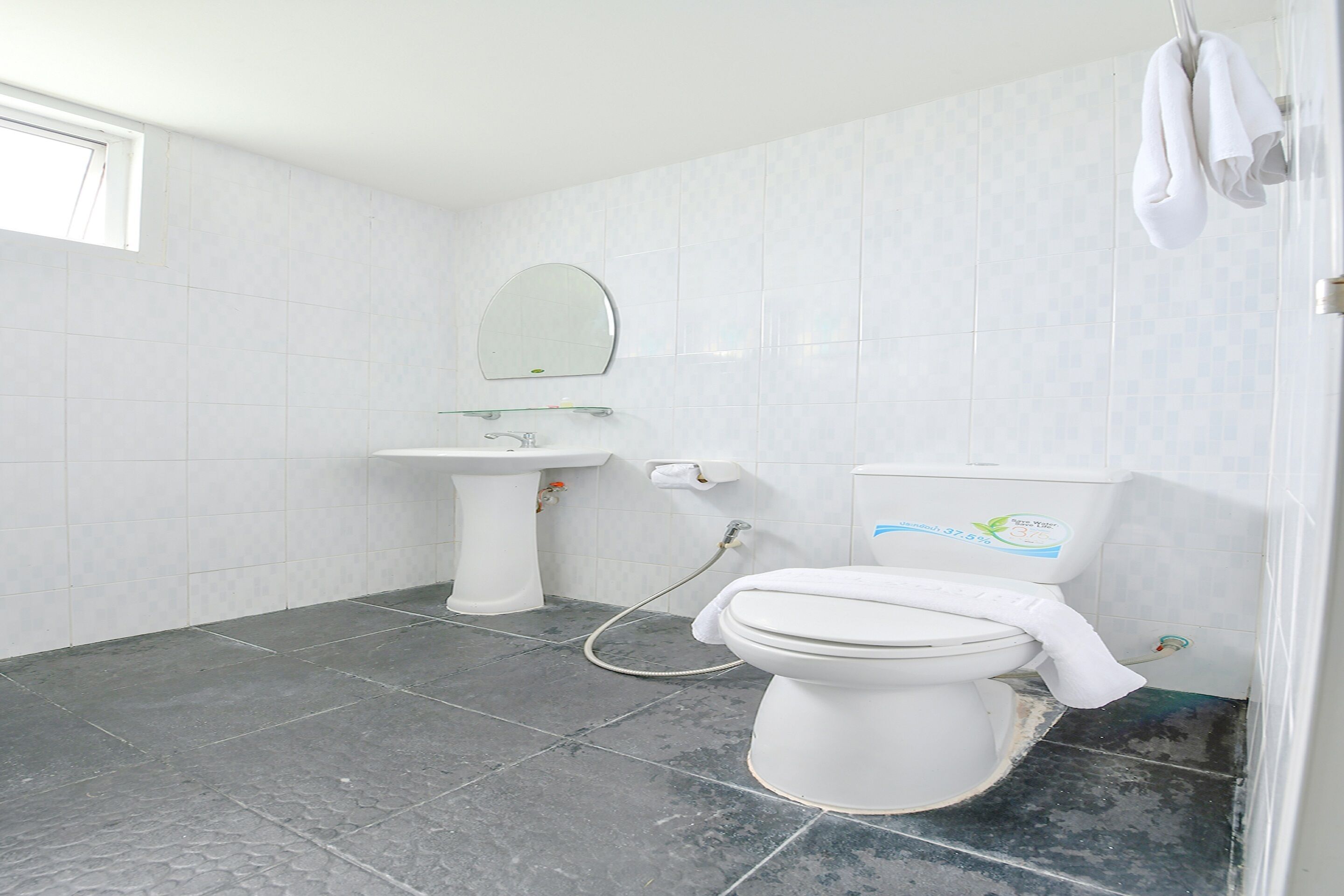 A bathroom with a toilet, sink, and mirror.