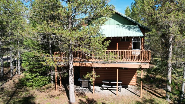 A cabin with a balcony, a grill, and a picnic table. - Gateway To Yellowstone Park And Outdoor Adventure. FREE internet and cleaning. (Island Park)