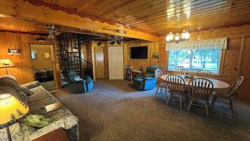 Smart TV, fireplace, DVD player, books