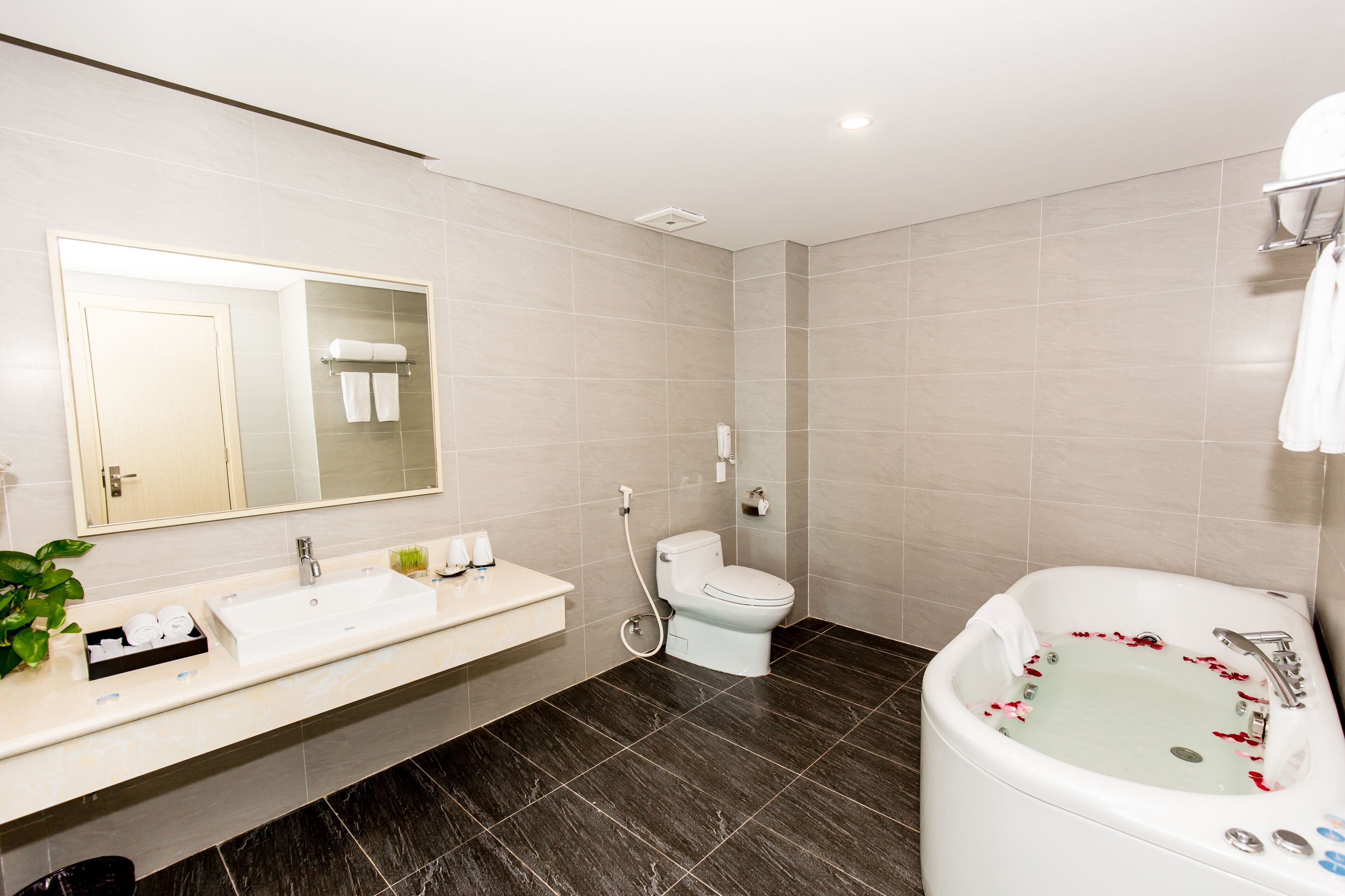 Une salle de bain moderne avec une grande baignoire, des toilettes et un lavabo.